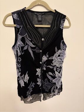 NWT vintage Black Floral Sheer Mesh Sleeveless Blouse Sz M Whimsigoth fairycore
